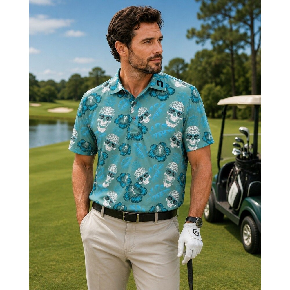Druids Men Large Golf Polo Skull Print Green Blue Pineapple Embroidered